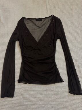 VTG Y2K Brown Mesh Long Sleeve Top Sz S Beaded Sheer Goth Grunge Fairycore Vamp